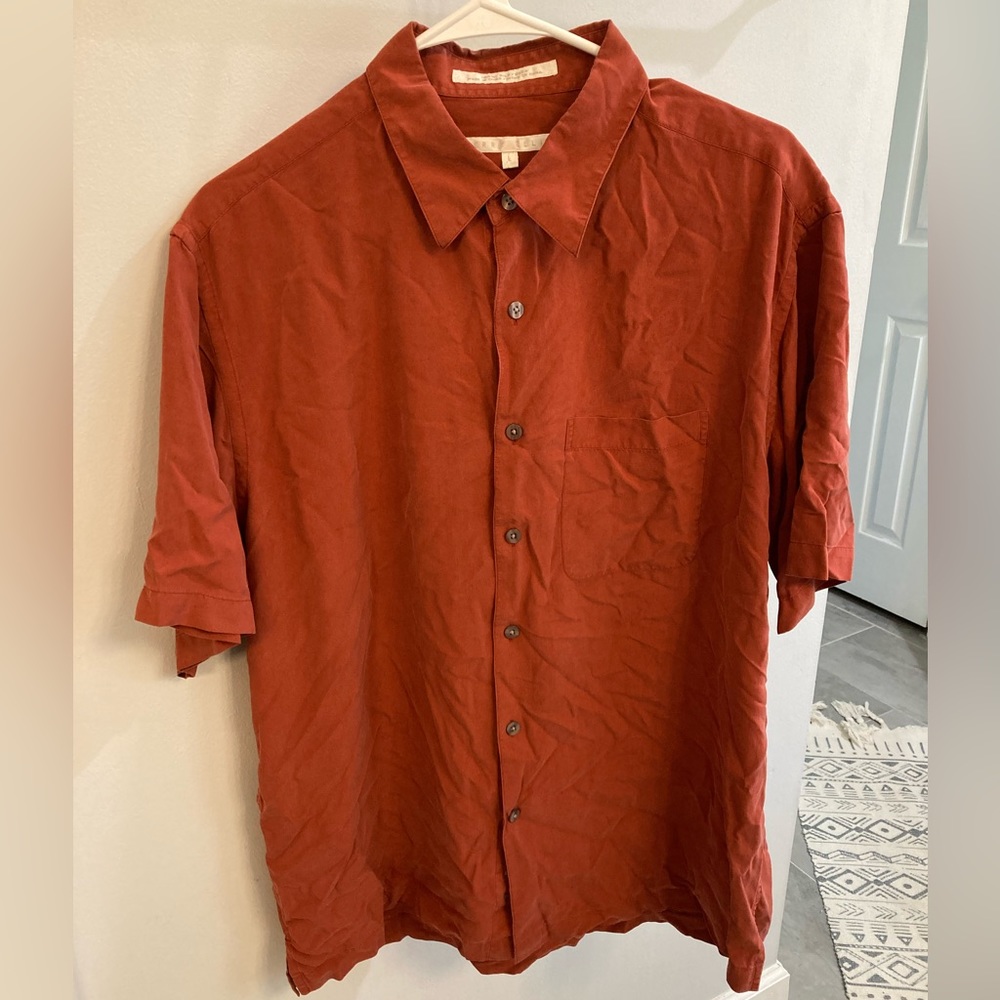 Perry Ellis Mens 100% Silk burnt orange Short sleeve pocket dress shirt Sz.Large